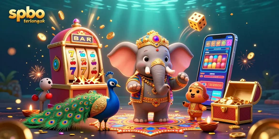 Experience the thrill of spbo terlengkap with this colorful 3D depiction of a jackpot explosion, vibrant casino elements, and festive decor.