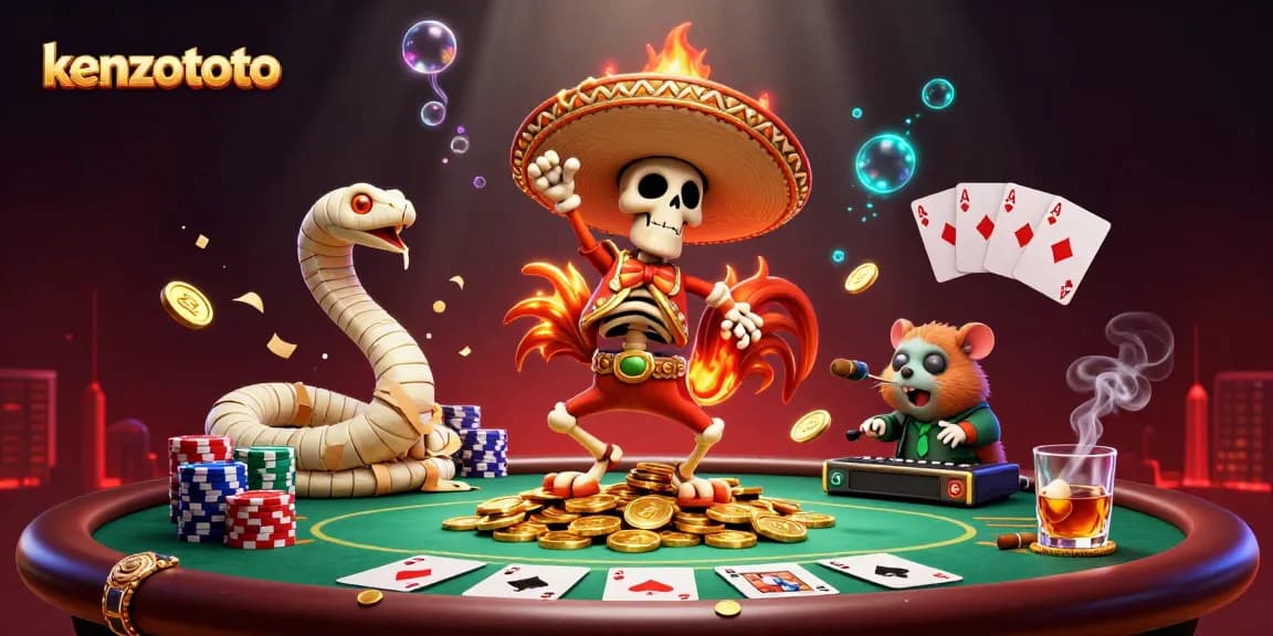 Kenzototo players celebrating with a 3D cartoon skeleton mariachi rooster dancing on coins surrounded by poker elements