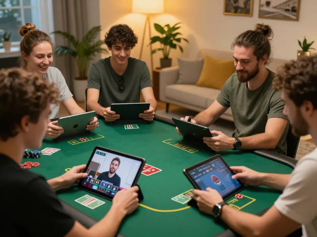 Excited players at g28tv engaging in strategic online blackjack gameplay in a cozy home setting.