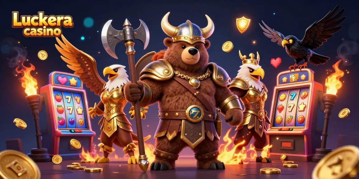 Engage at Luckera casino with vibrant Viking warriors, slot machines, and gaming excitement.