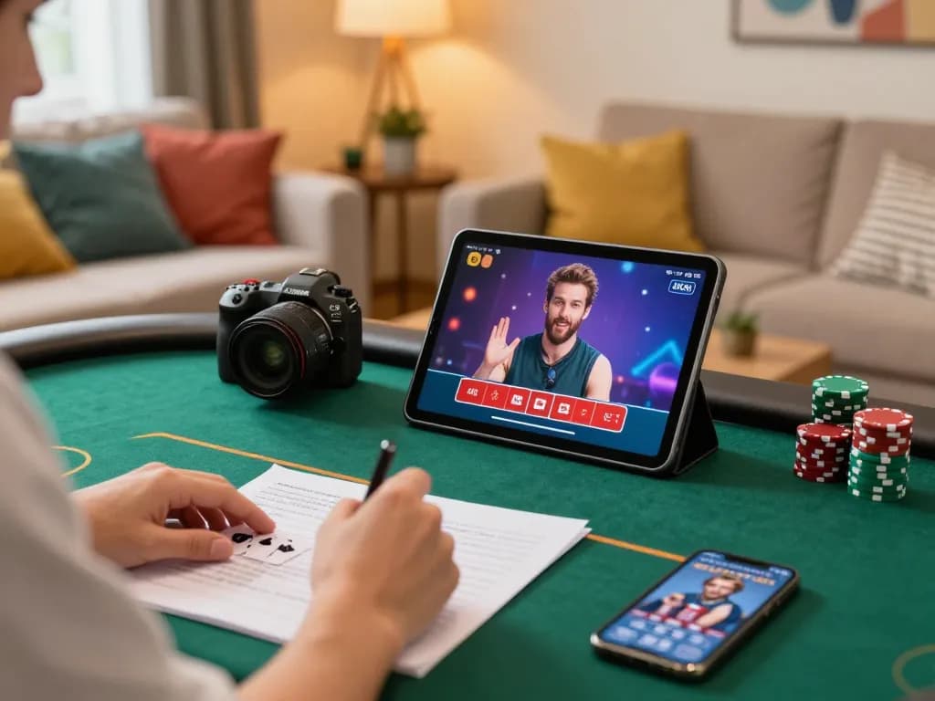 Player enjoying online poker on 7-hd in a cozy home setting, highlighting responsible gambling.