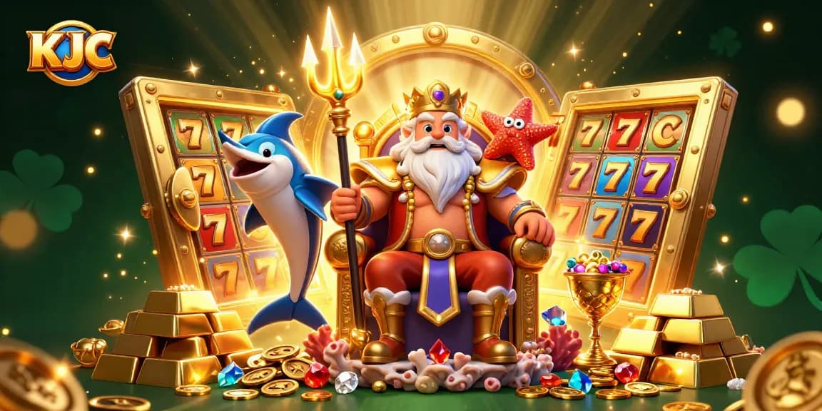 Experience the thrill of KJC with vibrant slot elements surrounding the majestic Neptune.