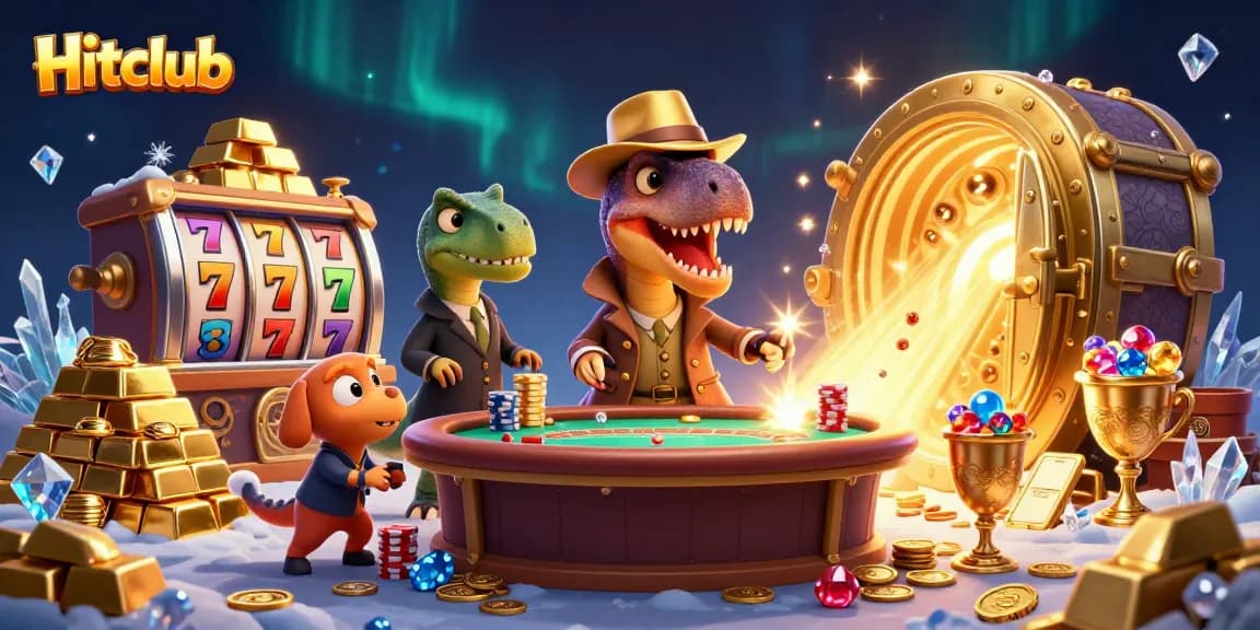 Hitclub gaming experience with a velociraptor card counter and stegosaurus pit boss among treasures and slot reels.