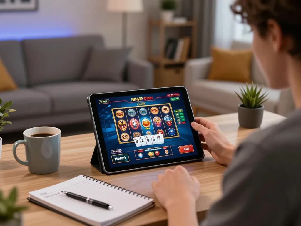Player enjoying online casino games on MM99 COM in a cozy home setup with tablet, notebook, and coffee mug.
