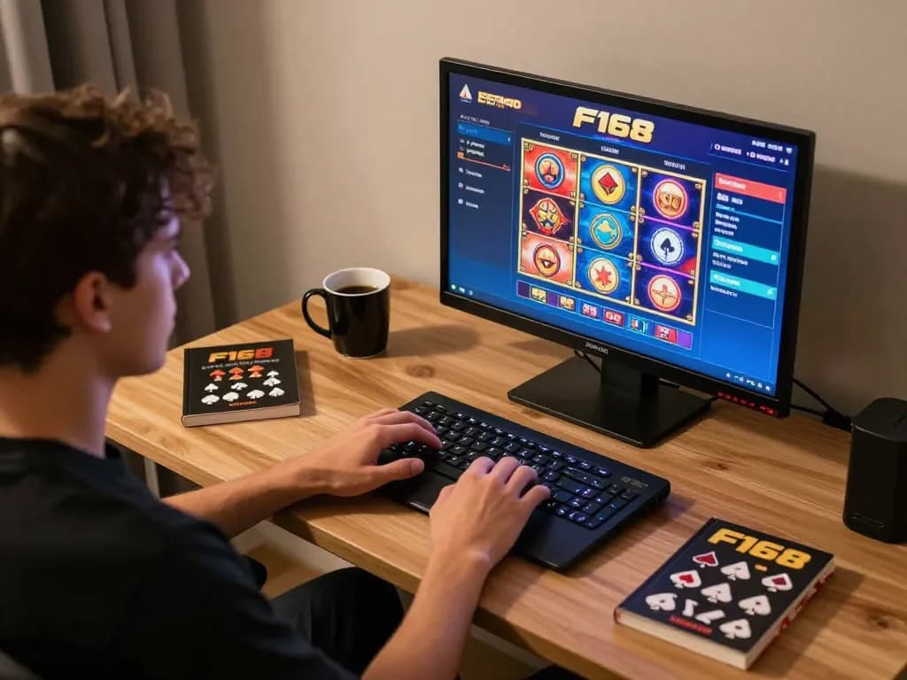 Engaging in F168 online casino gaming with vibrant slot displays and strategic notes around