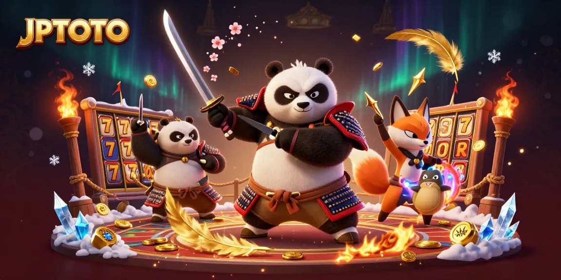JPTOTO engaging players with a fierce samurai panda and ninja fox in an action-packed casino scene.