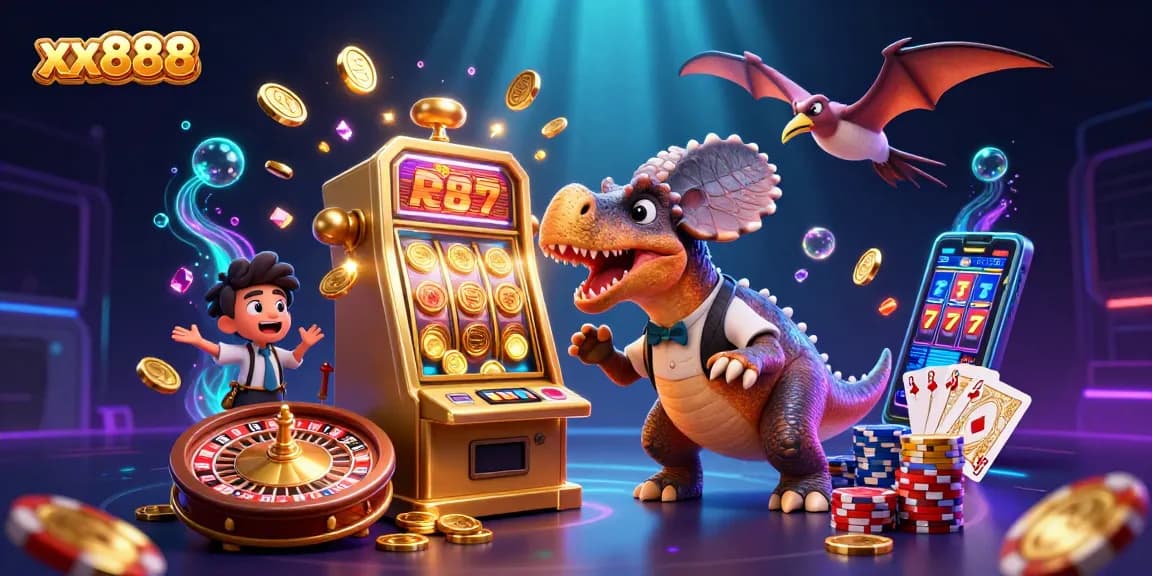 Win big with xx888 as a cartoon dinosaur interacts with slot machines and coins flying everywhere.