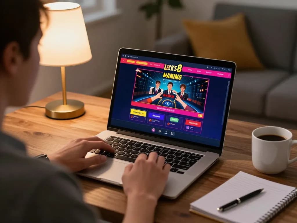 Playing a casino game on lucks8 platform in cozy home setting with strategic notes
