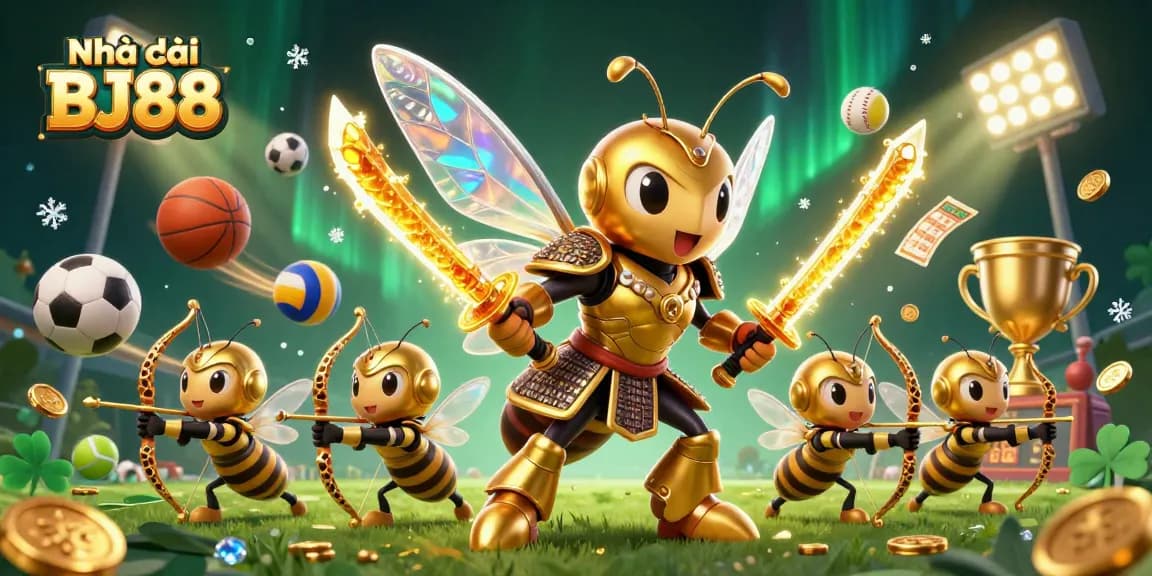 Engage with Nhà cái BJ88 in this dynamic illustration featuring samurai hornet characters and vibrant casino elements.