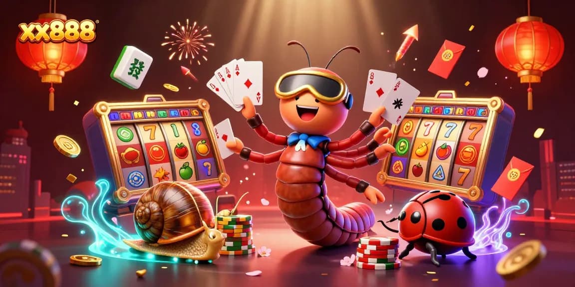 Experience the thrill at xx888 with a cartoon millipede dealer showcasing vibrant slot reels and high-stakes excitement.