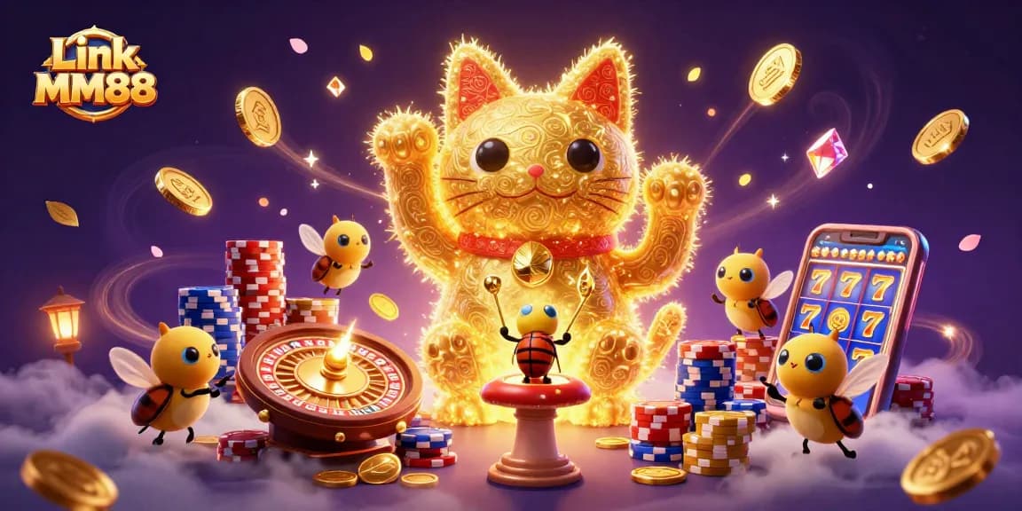 Play slots and win with Link MM88 through a colorful 3D casino scene.