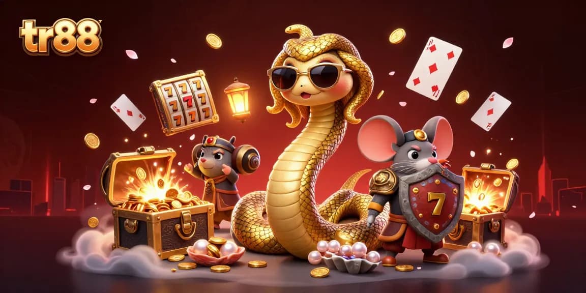 Spin to win at tr88 with Medusa and a warrior mouse amidst treasure and slot reels.