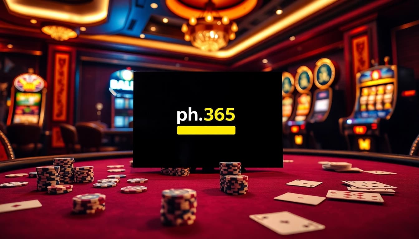 Enter the ph365 login interface amid a vibrant casino ambiance featuring poker chips and playing cards.