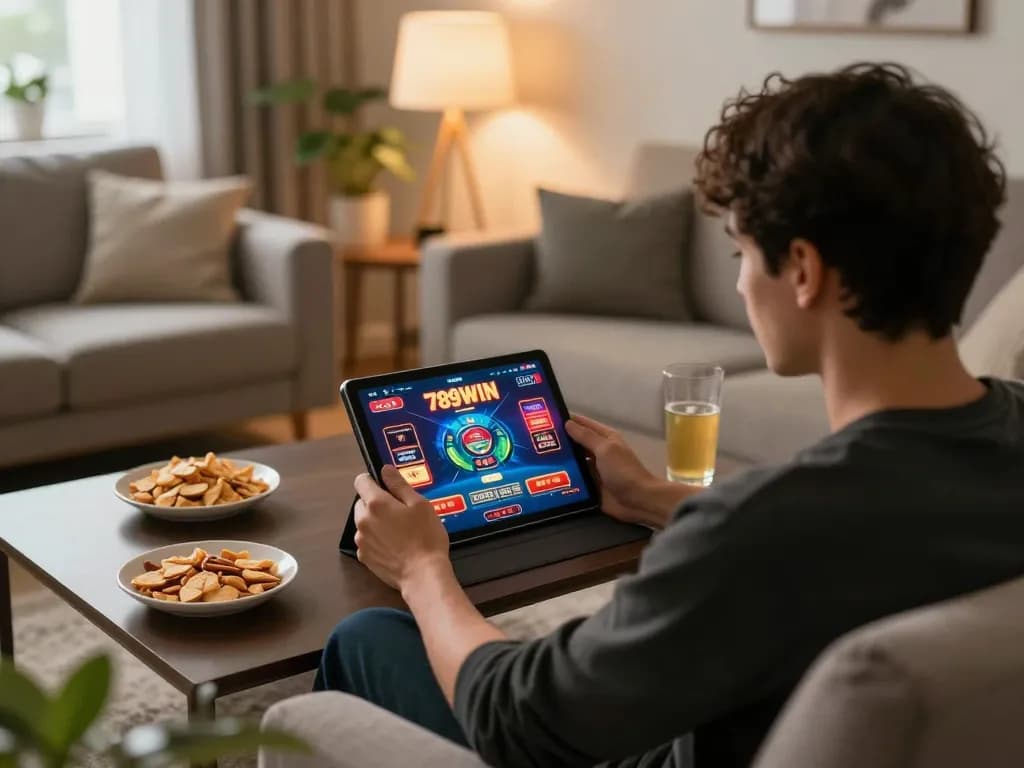 Player engaging with the 789WIN casino app in a cozy living room