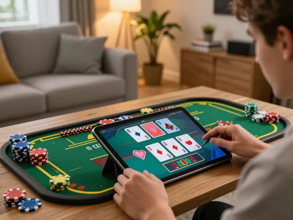Engaged player enjoying sun win online casino game on tablet in cozy home setting.
