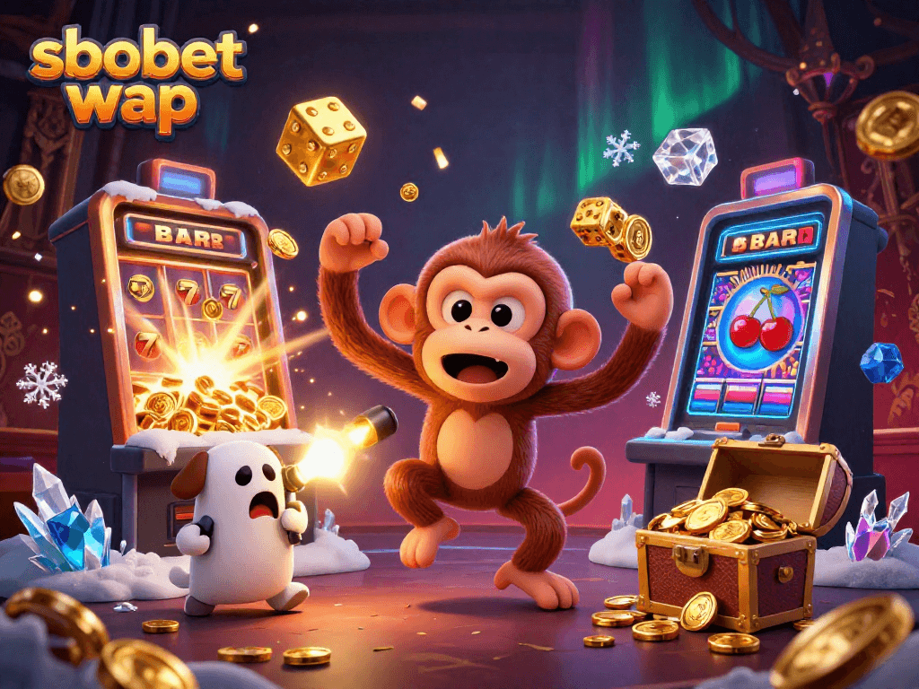 Experience thrilling moments at sbobet wap with a mischievous monkey juggling golden coins in a vivid casino setting.