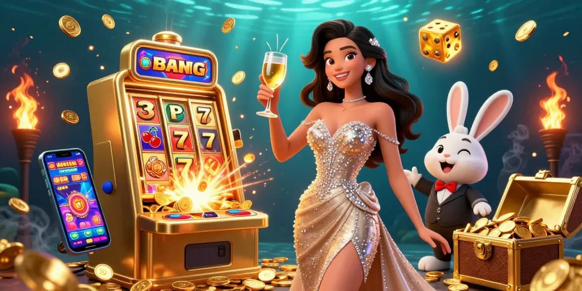 Experience the thrill of 23Win with a golden jackpot slot machine and glamorous woman celebrating.