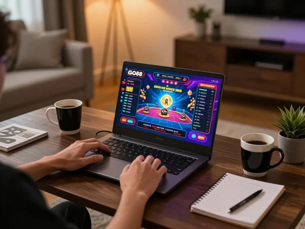 Engaged player exploring GO88's gaming options at home, showcasing interactive online gambling experience.