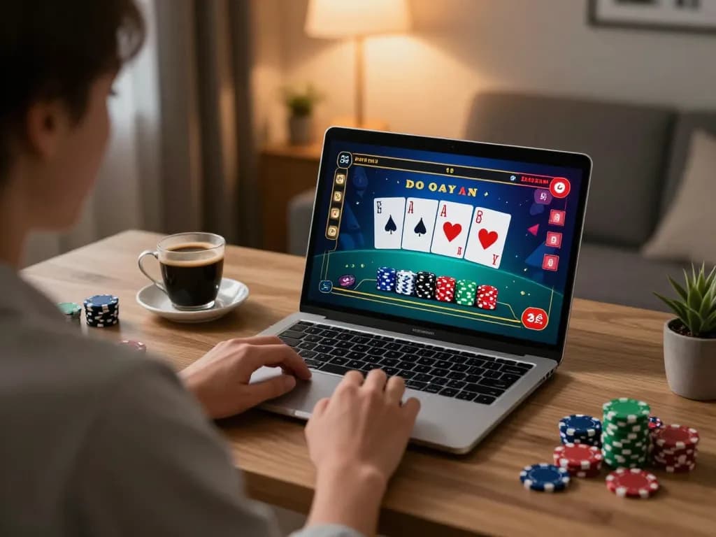 RR88 player engaging in an online blackjack game, showcasing a vibrant gaming setup in a cozy home.