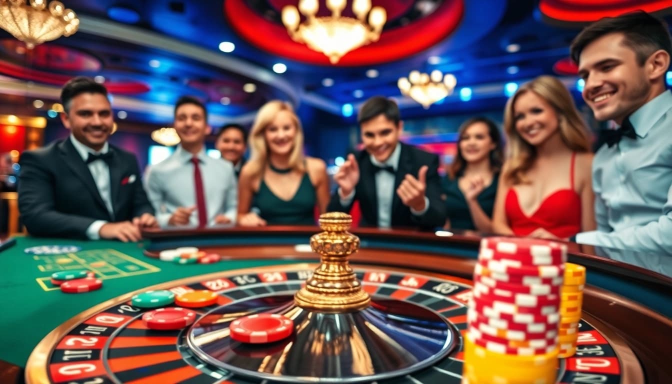 Aktive Spieler genießen casino spielen online am Roulette-Tisch mit bunten Chips.