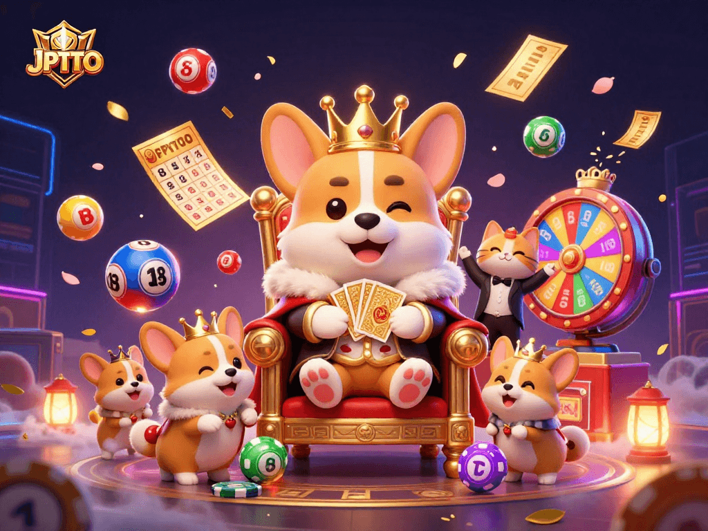 Experience thrilling wins with JPTOTO in a vibrant gaming scene featuring corgis and lottery elements.