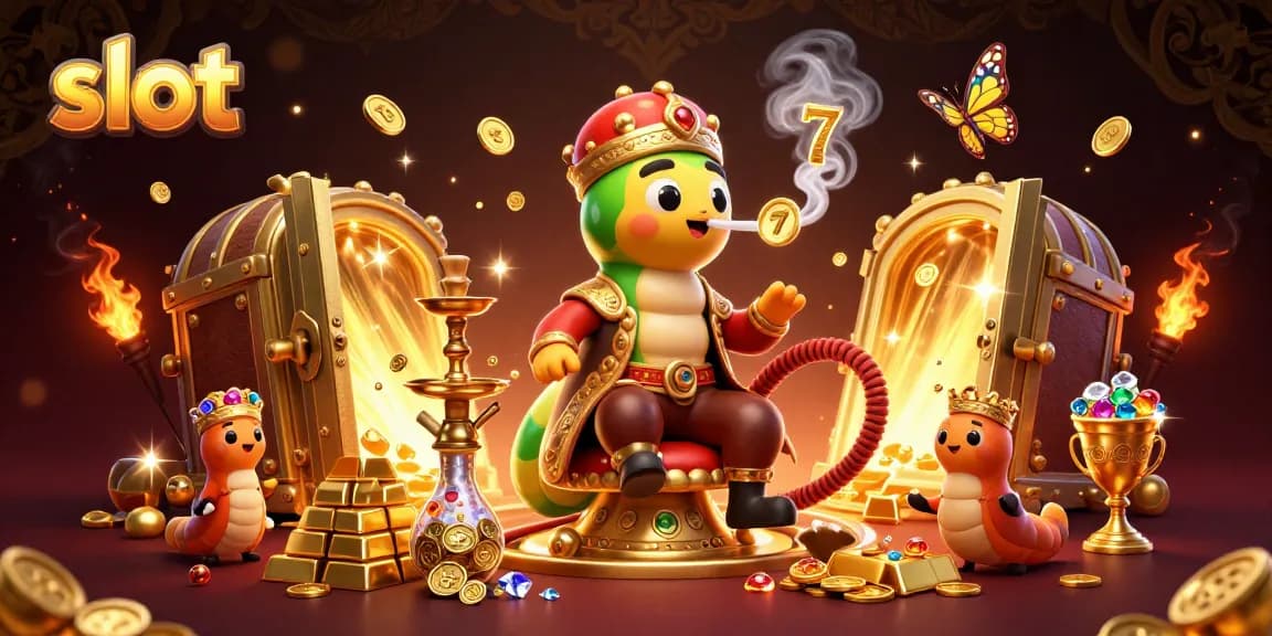 Experience thrilling slot gameplay with an enormous caterpillar hookah-master amidst dazzling gem treasures.