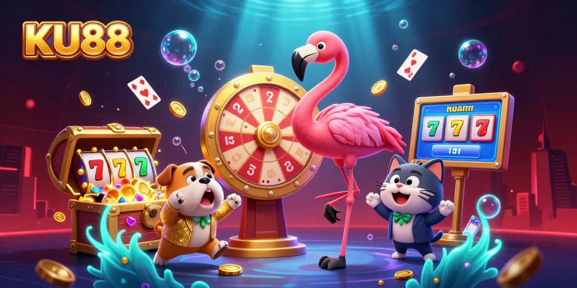 Spin the KU88 prize wheel and win exciting rewards in this vibrant 3D casino illustration.