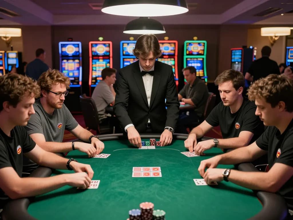Professional poker tournament showcasing strategic gameplay and intense focus in an upscale casino, mpoid moments