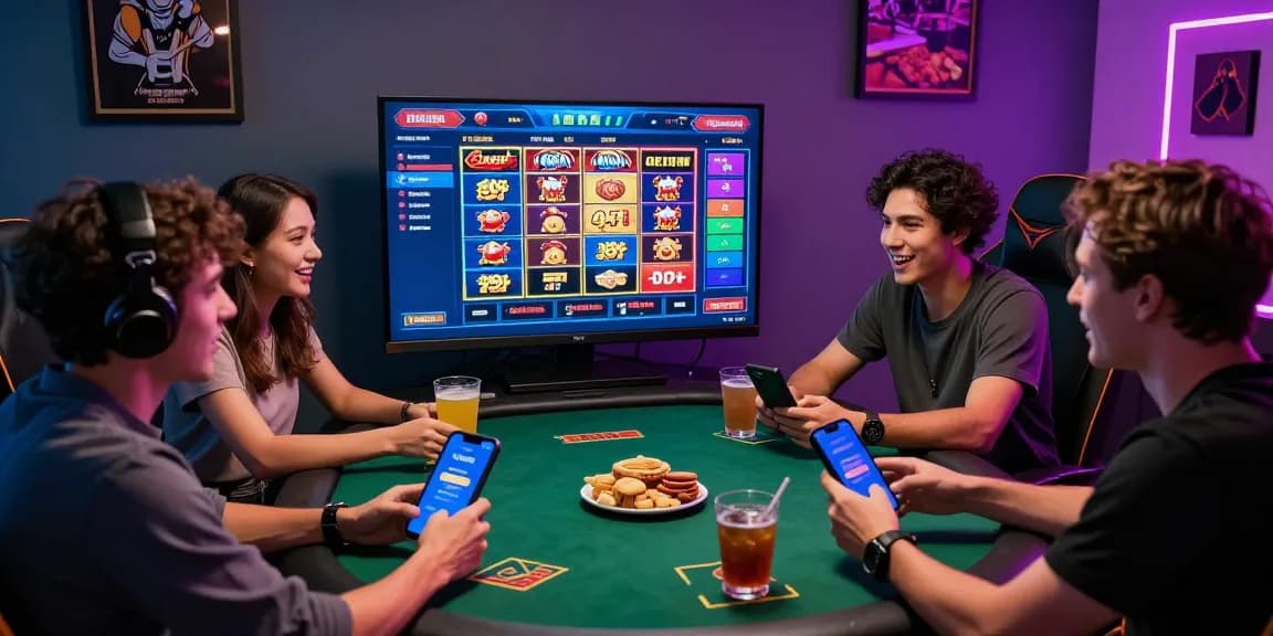 Pajaktoto login scene with friends enjoying online gaming atmosphere, showcasing excitement, vibrant screens, and snacks.