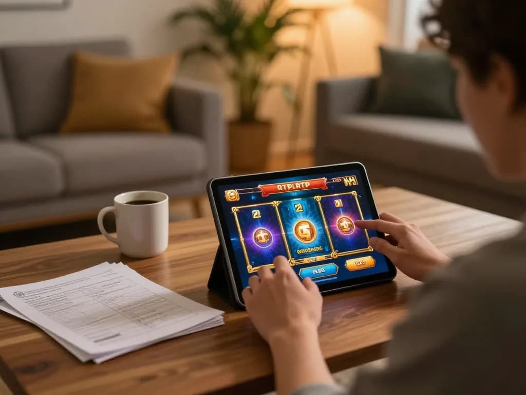 Bermain game judi online di rumah dengan permainan slot harga toto yang ditampilkan di tablet
