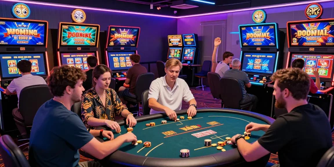 Players enjoying exciting games at https://gamebaidoithuong.is/ with vibrant neon lights and immersive interfaces in a dynamic online casino setting.