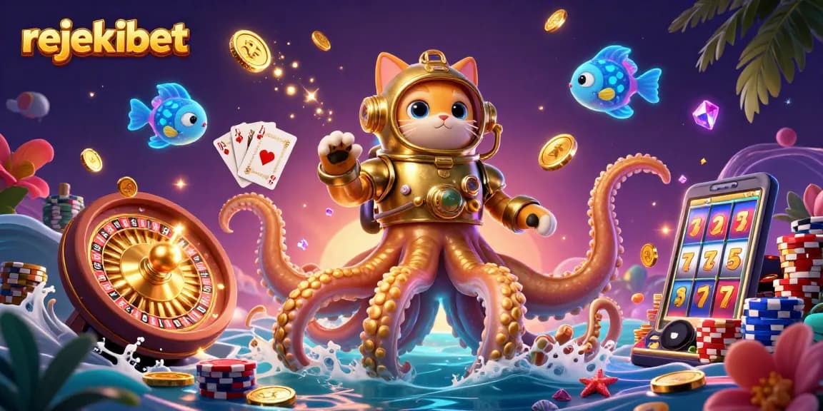 Play the thrilling rejekibet slots featuring a kraken and lucky diving cat amidst vibrant treasure and casino elements.
