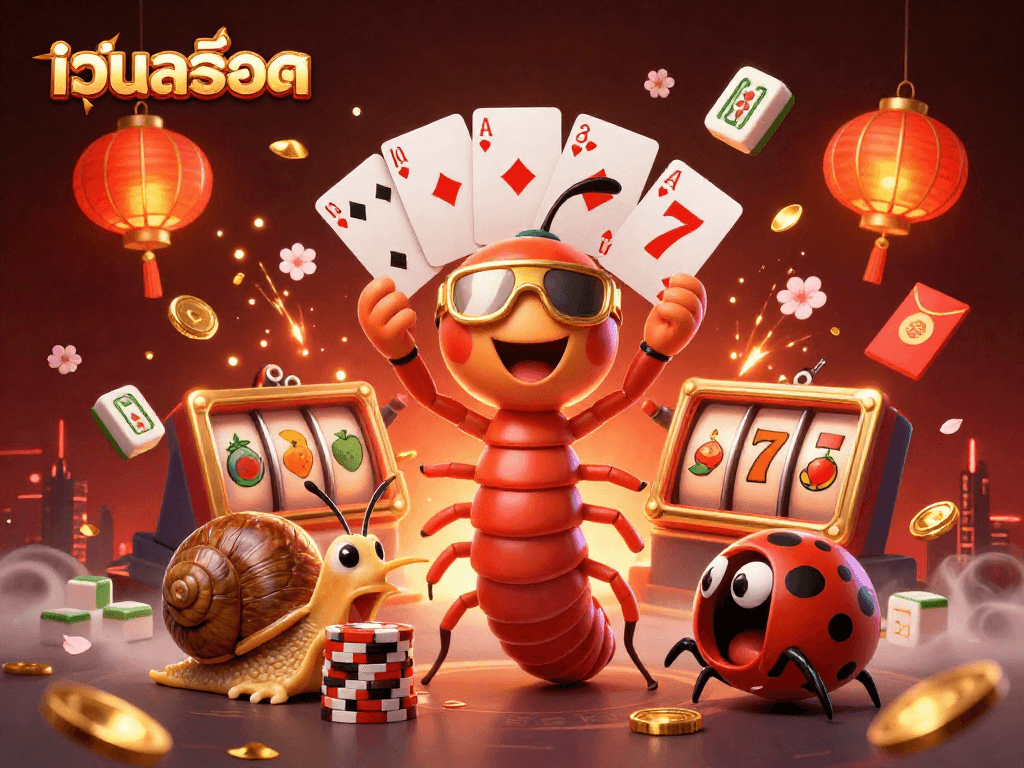 Experience the vibrant world of เว็บสล็อต with a colorful casino-themed illustration showcasing games and characters.