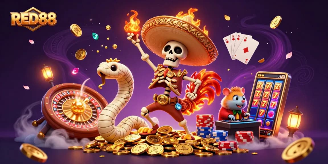 Experience a thrilling RED88 victory dance with vibrant casino elements and festive characters.