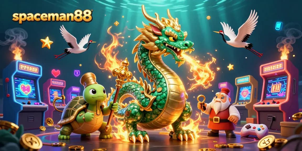 Play slots and win at spaceman88 with a vibrant 3D casino illustration featuring energetic characters.