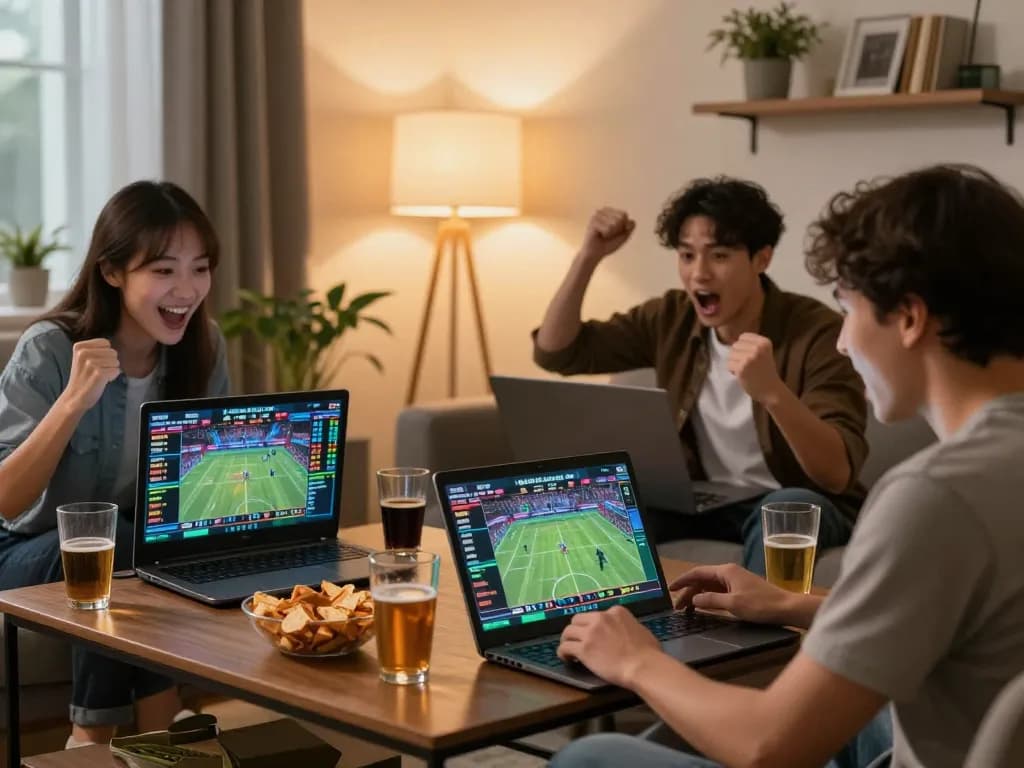 Excited bettors engaging in strategic m110 online sports betting during live matches in cozy setting.