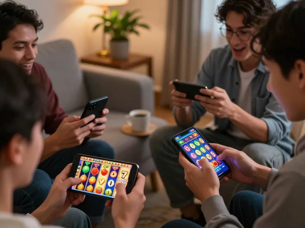 Players enjoying winstrike69 mobile slot games, showcasing excitement and anticipation in a cozy home setting.