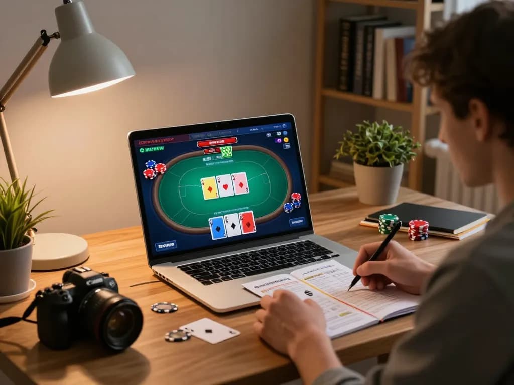 Player engaging in a poker game on a laptop at home illustrates fly 88 strategic gameplay environment.