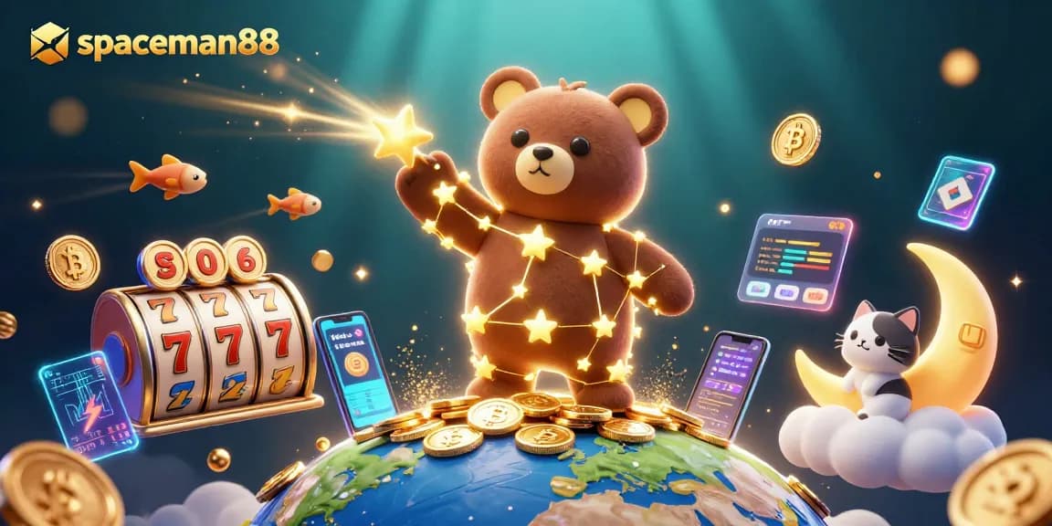 Experience thrilling wins with spaceman88 as lucky stars and crypto coins collide in a vibrant casino scene.