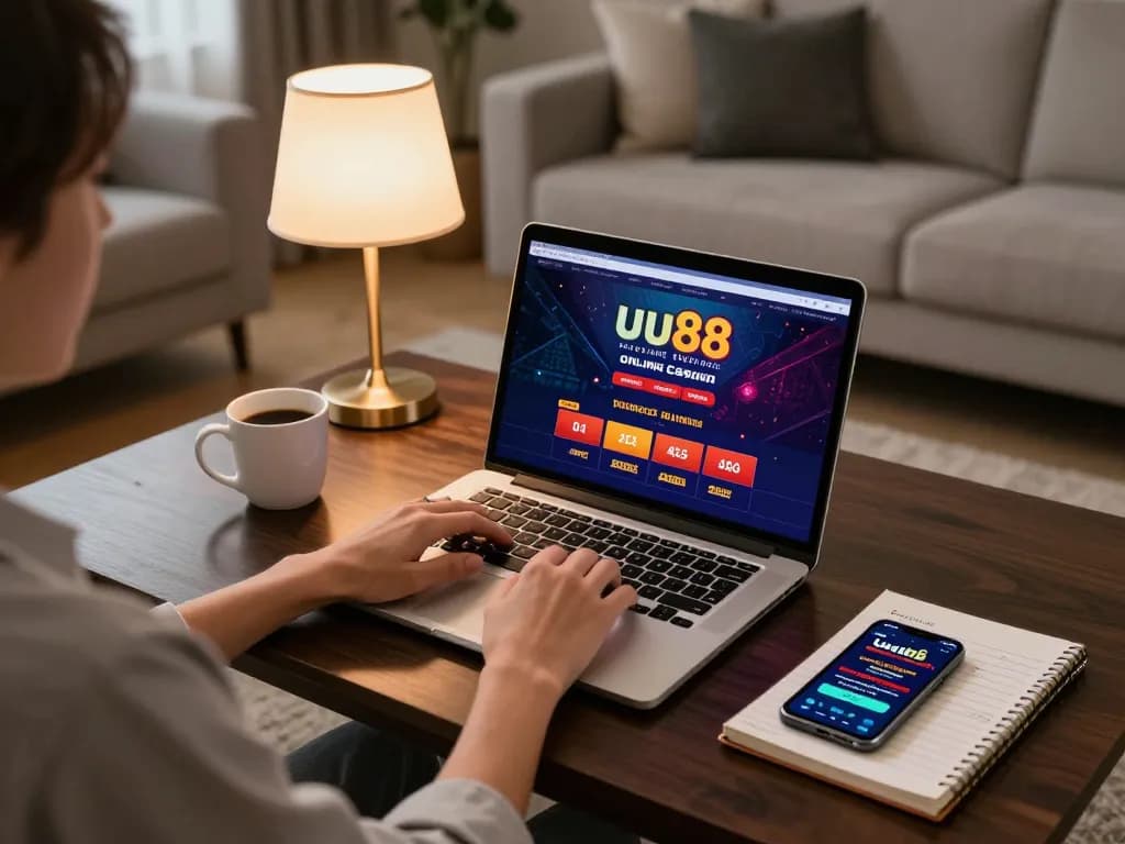 Engaged player exploring uu88 online casino features on laptop in a cozy living room.