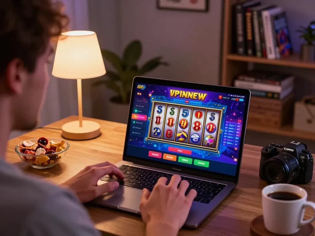 Pemain menikmati Leci123 di laptop di rumah, menunjukkan pengalaman permainan kasino online yang menarik.