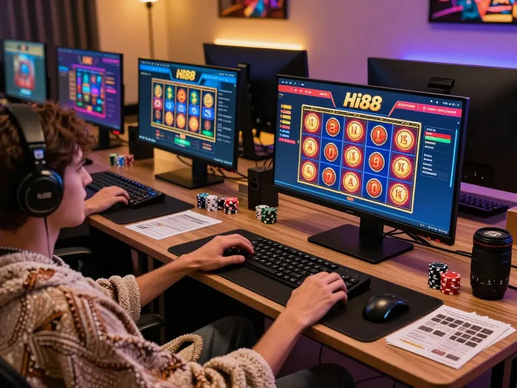 Player engaging with Hi88 online casino on multiple screens in a cozy gaming setup.