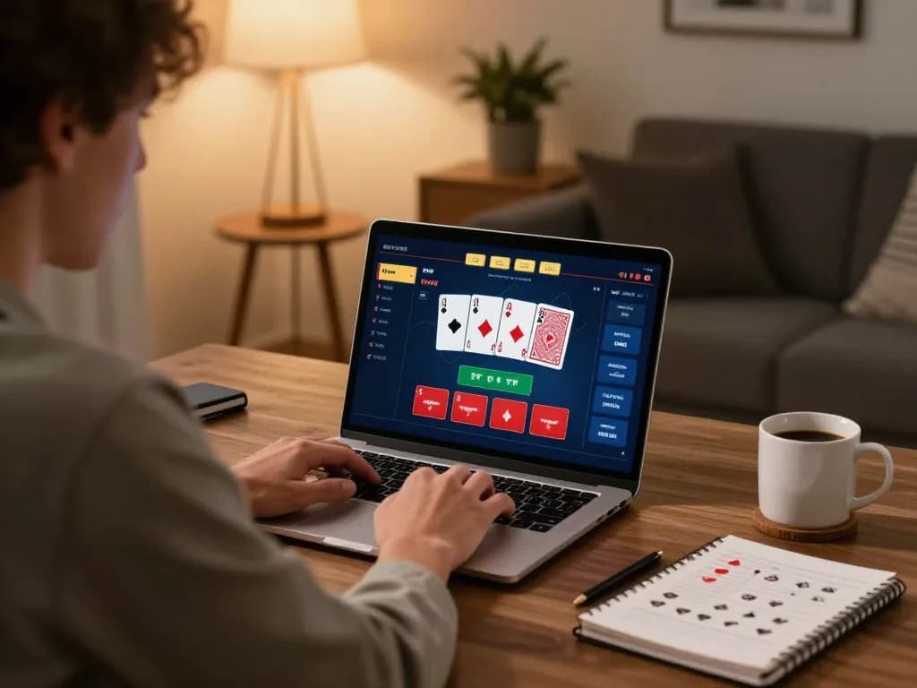 Engage with hello88 poker gameplay on a laptop in a cozy home office.