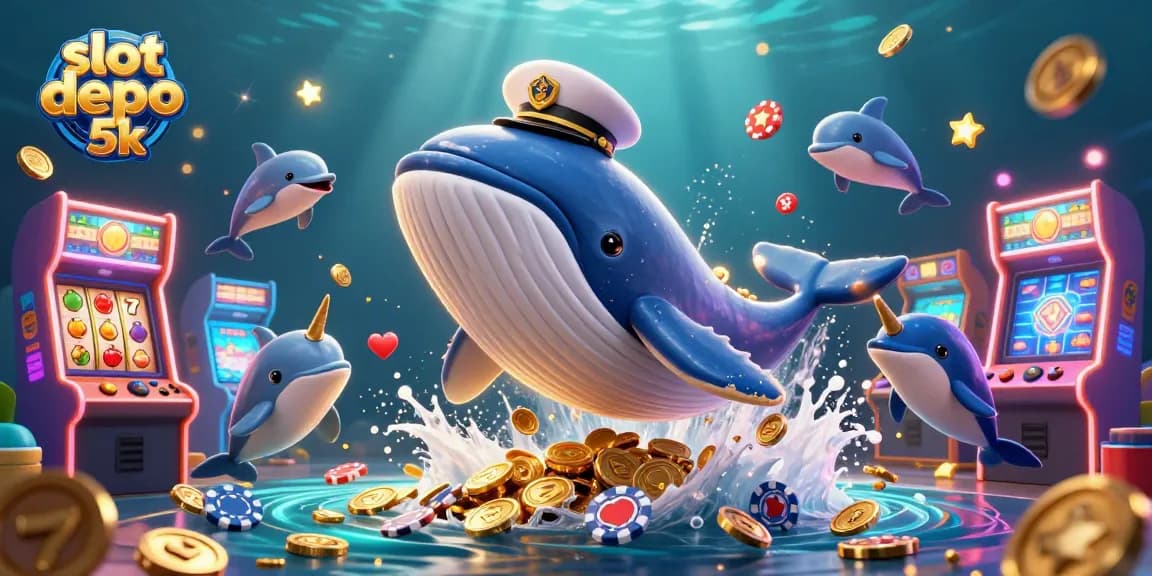 Slot depo 5k menghadirkan ilustrasi menarik dengan ikan paus dan simbol permainan.