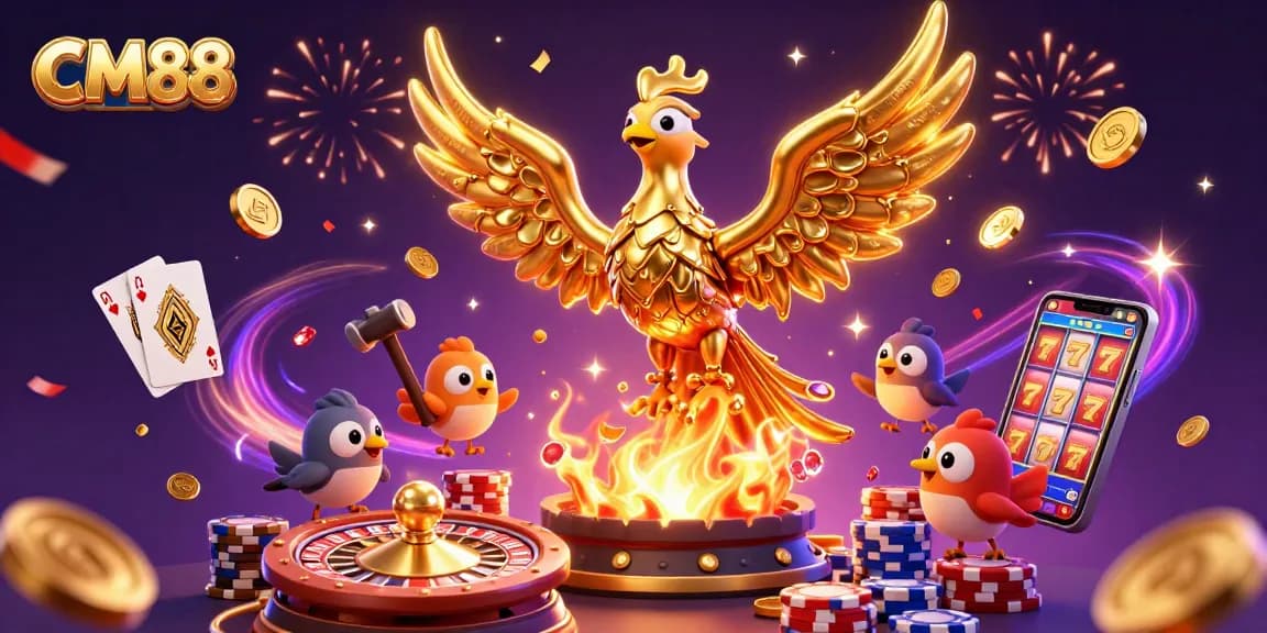 Experience the thrill of gaming at CM88 with vibrant scenes of golden phoenixes and casino actions.