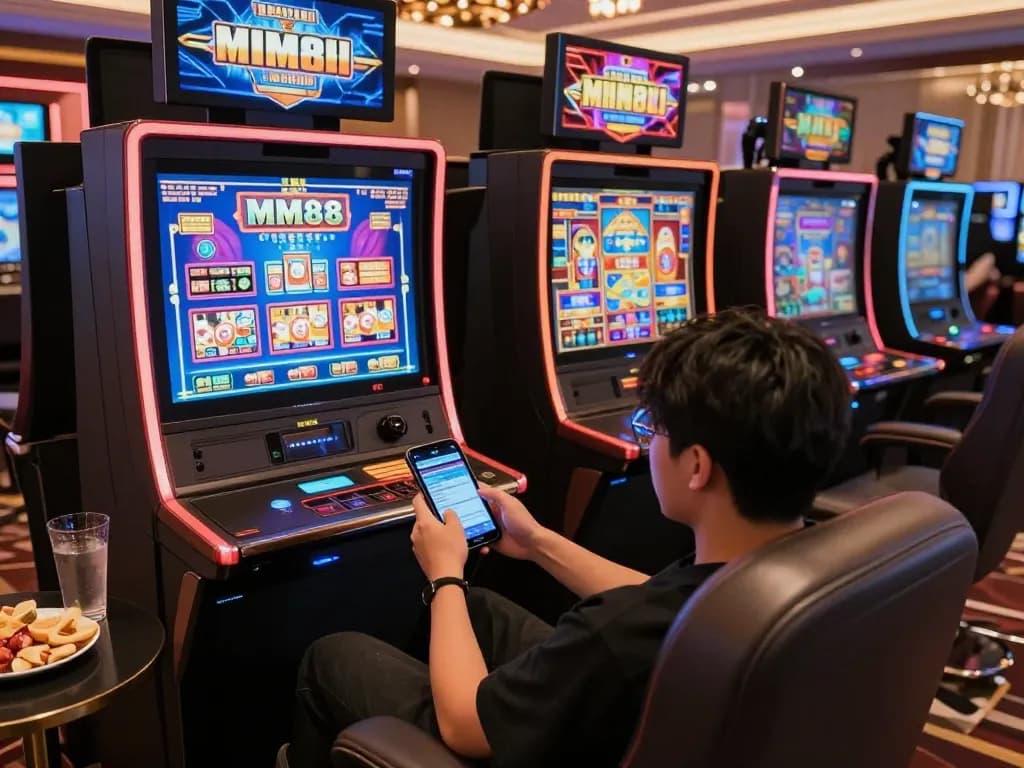 Person engaging with the MM88 online casino app on a mobile device, enjoying a vibrant gaming atmosphere.