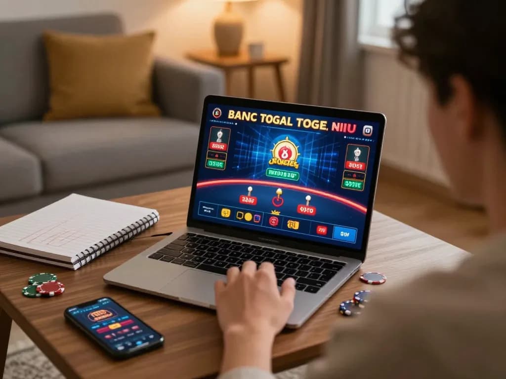 Person engaged in bandar togel online gameplay at home, laptop showing live dealer game interface, cozy room atmosphere.
