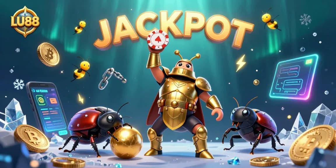 LU88 players celebrate a big win in a vibrant casino scene filled with Bitcoin and Ethereum coins.