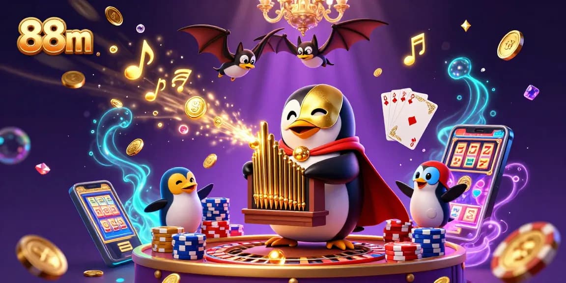 Experience thrilling 88m wins with the phantom penguin organist amidst golden coins and magical casino elements.