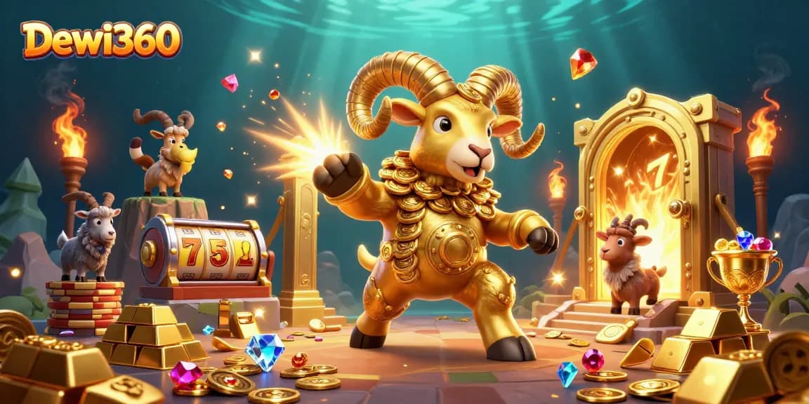 Dewi360 menghadirkan ram emas megah saat bermain slot dengan koin berkilau dan tumpukan chip.